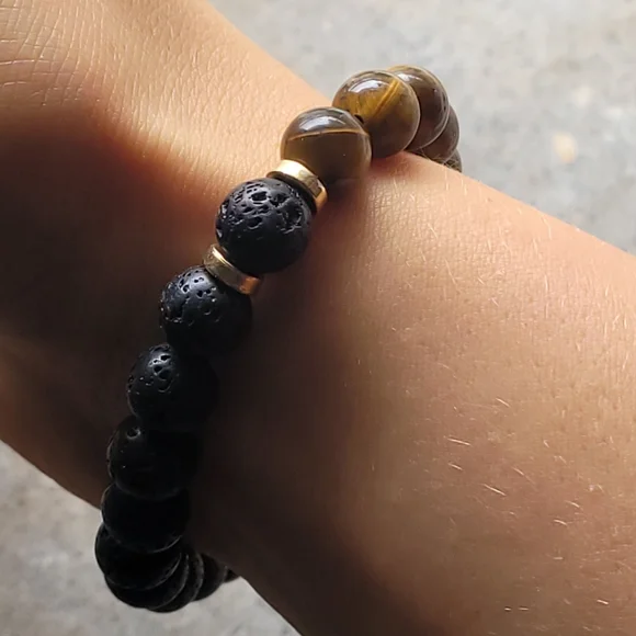 Unisex Tiger's Eye Mala Bead Lava Bead Handmade Bracelet - Picture 3 of 5